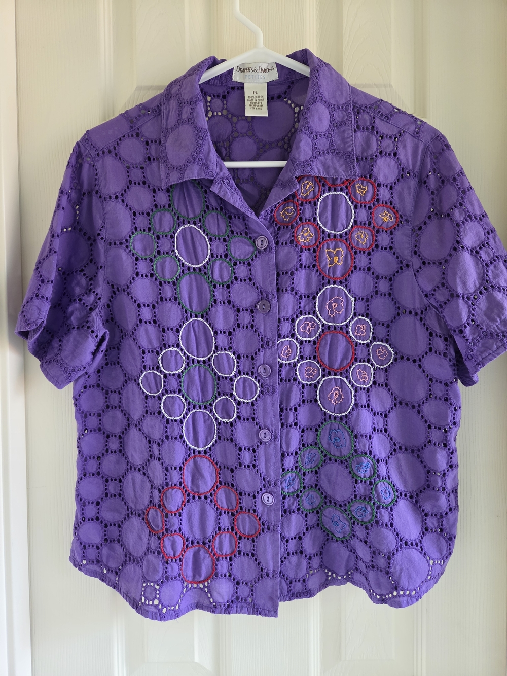 Draper's & Damon's Purple Eyelet Embroidered Button Up‎ Shirt Large Petite